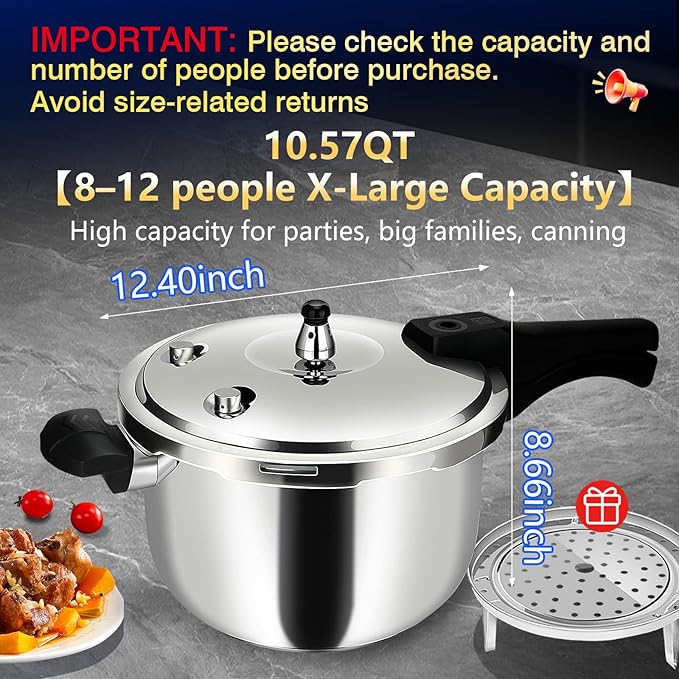 10QT Stainless Steel Pressure Cooker, Heavy Duty Food Grade 304 Pressure Canner with Safety Valve & Heat-Resistant Handle, Compatible with All Stovetops for Home Cooking & Canning