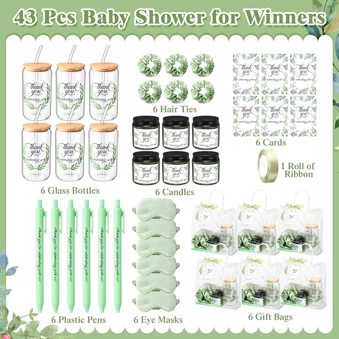Reallnaive 43 Pcs Baby Shower Prizes for Player Winner Wedding Bridal Shower Favor Gifts Including Glass Cups Aromatherapy Candle Eye Mask Hair Band Greeting Card Pen Ribbon Gift Bag(Sage Style,Green)