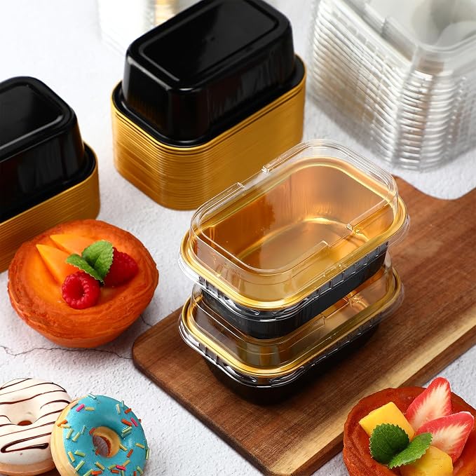 Vesici 100 Sets Mini Loaf Pans with Lids, 5.7 oz Disposable Aluminum Foil Baking Cups, Rectangle Cake Pans for Pudding Desserts Muffin Baking Storage Birthday Party(Black Gold)