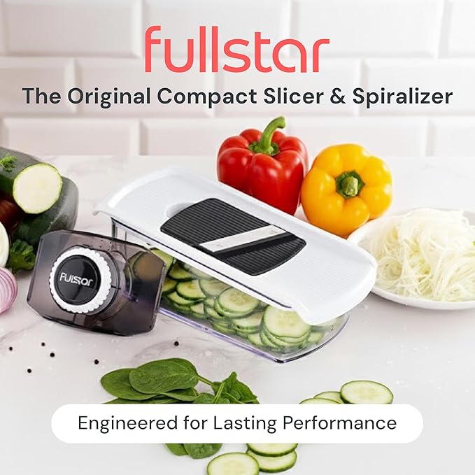 Fullstar Mandoline Slicer for Kitchen, Fruit Cutter, Cheese Grater, Cucumber Slicer, Veggie Spiralizer, Food Cutter & Kitchen Gadgets & Gifts with Safety Glove (6 in 1, Black)