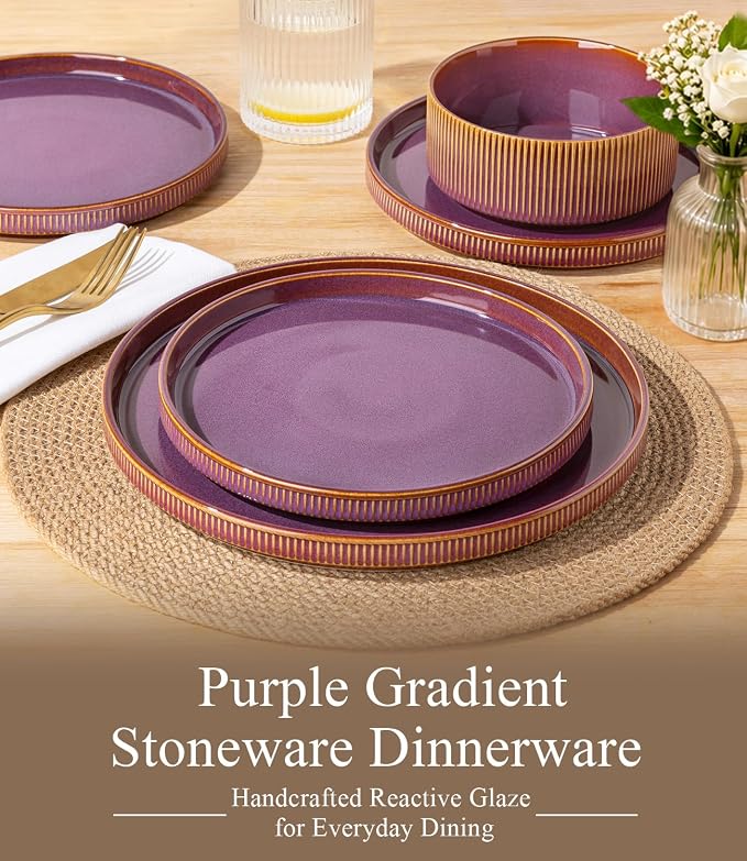 GBHOME 12-Piece Stoneware Dinnerware Set for 4 – Ribbed Ceramic Plates and Bowls, Scratch-Resistant, Microwave & Dishwasher Safe, Reactive Glaze,Purple Gradient