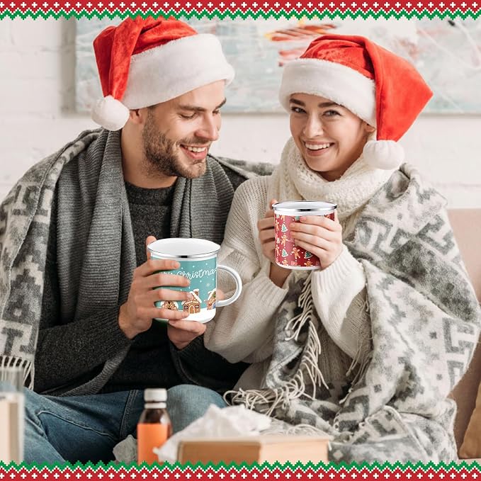Sliner 12 Pcs Christmas Enamel Mugs, 12 oz Coffee Mugs Bulk Hot Chocolate Mug Set Cute Enamel Tea Cups Winter Holiday Christmas Employee Gift for Family Coworkers (Gingerbread Carnival)