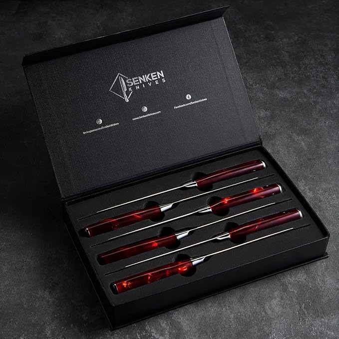SENKEN Professional Steak Knife Set with Engraved Damascus Pattern, Razor Sharp Blade, High Carbon Stainless Steel with Beautiful Gift Box, Blue & Red Resin Handles