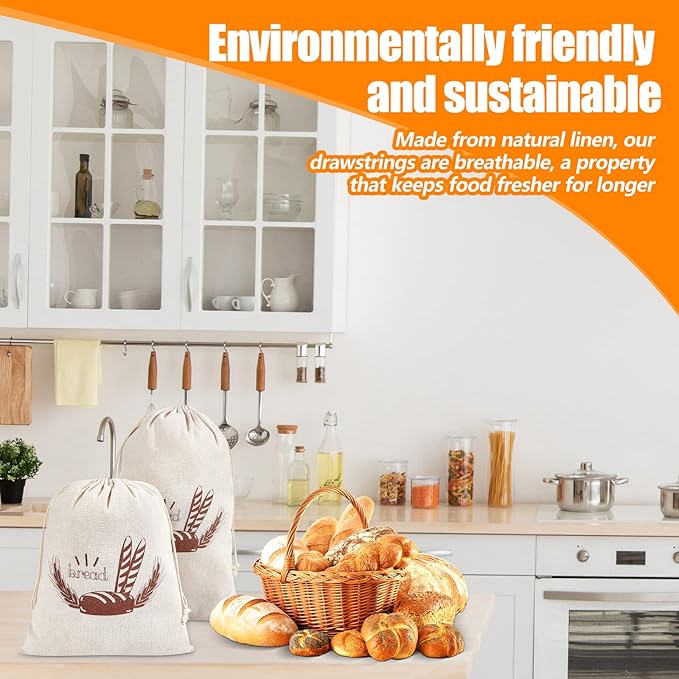 Dunzy 20 Pcs Linen Bread Bag for Homemade Bread Reusable 2 Sizes 10" x 12" and 11" x 17" Unbleached Container Drawstring Natural Bags Storage for Food Baking Kitchen Sandwich Bakery Picnic Wedding