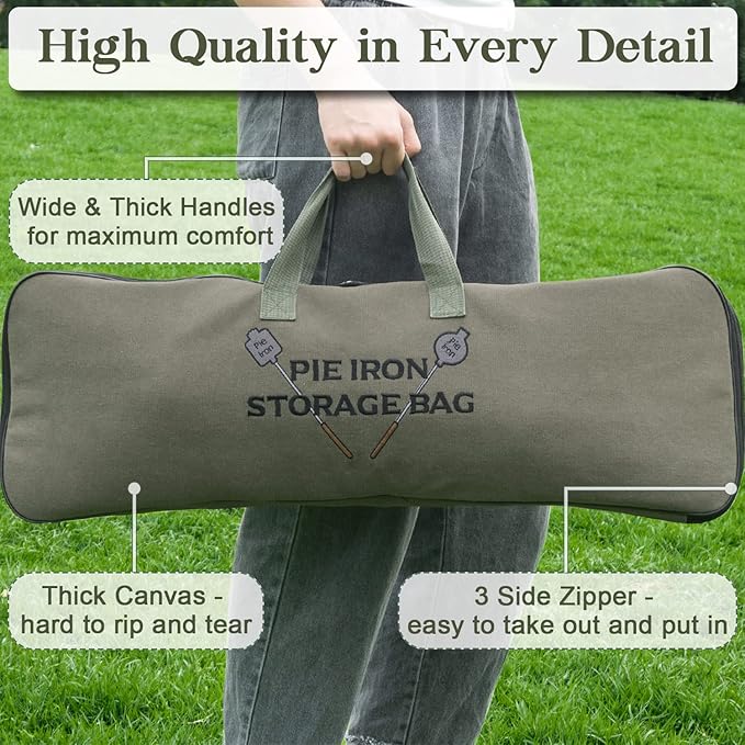 BESZONE Deluxe Pie Iron Bag for Mountain Pie Maker Cast Iron Storage Fits up to 4, Heavy Duty Padding with Extra Pocket for Campfire Accessories, Strong Straps to Secure, Camping Storage Bag 32×12in