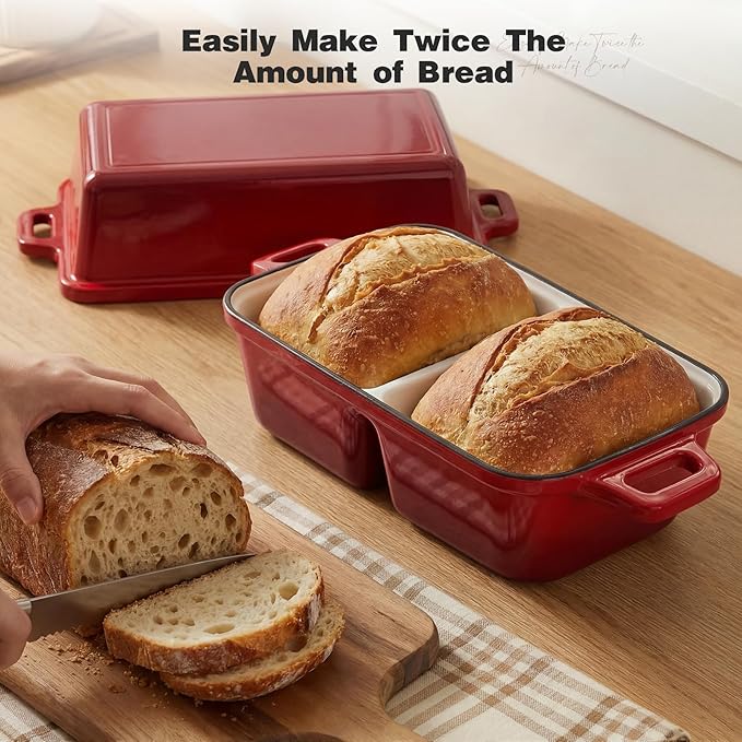 Double Dutch Oven for Sourdough Bread Baking,Enameled Cast Iron Dutch Oven with Lid,Double-Chamber Square Mini Sourdough Loaf Pan for Homemade Bread, Red(Patent Has Been Applied for)