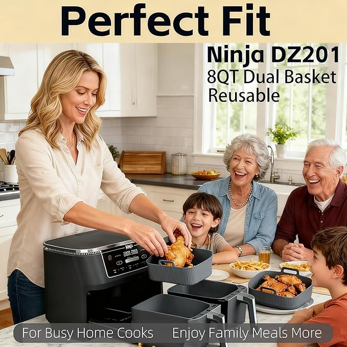 Silicone Air Fryer Liners for Ninja - Reusable DZ201 8QT Dual Basket - Rectangular 2-Pack Vacuum-Packed Easy-Clean Dishwasher-Safe Food-Safe for Home Chefs - Housewarming Gifts