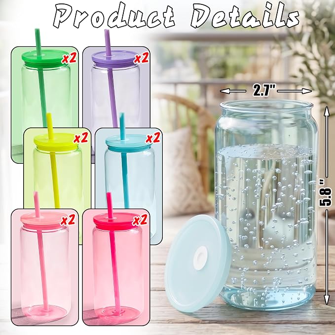 12 Pack Acrylic Mason Jars Cups, 16oz Can Shaped Plastic Cups with Lids and Straws, Reusable Iced Coffee Cup Cute Drinking Glass Unbreakable Tumbler for Whiskey, Soda, Iced Tea, Colored