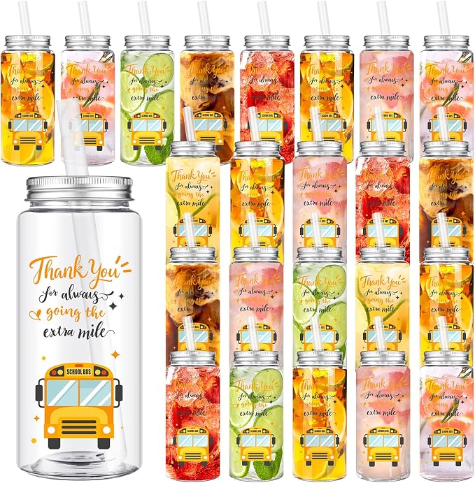 Skylety 24 Pcs School Bus Driver Gift Cup Bulk, School Bus Driver Appreciation Gifts 4 oz Plastic Cup Thank You for Always Going The Extra Mile Tumbler with Lids and Straws for Men Drivers
