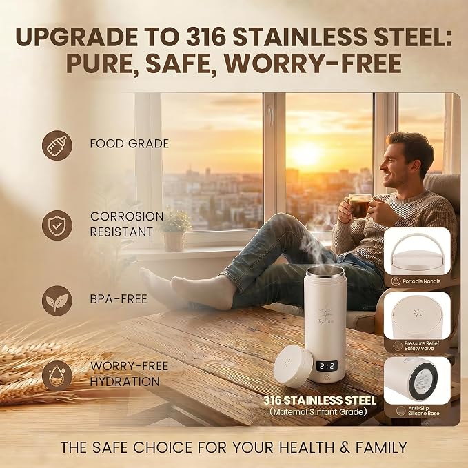 Portable Electric Kettle (120V), small-capacity electric kettle, made of 316-grade stainless steel, 4 temperature settings, with automatic shut-off function, (Cream, 9.05 * 3.15)