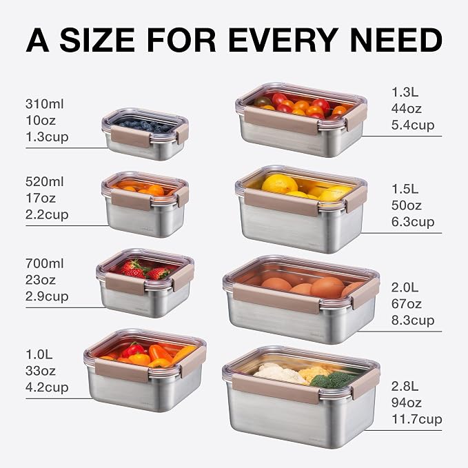 LocknLock Stainless Steel Food Storage Containers with Lids, Metal Lunch Boxes, Leak-Proof, Microwave, Freezer and Dishwasher Safe, 3-Piece Set, 2 x 310ml and 1 x 2000ml