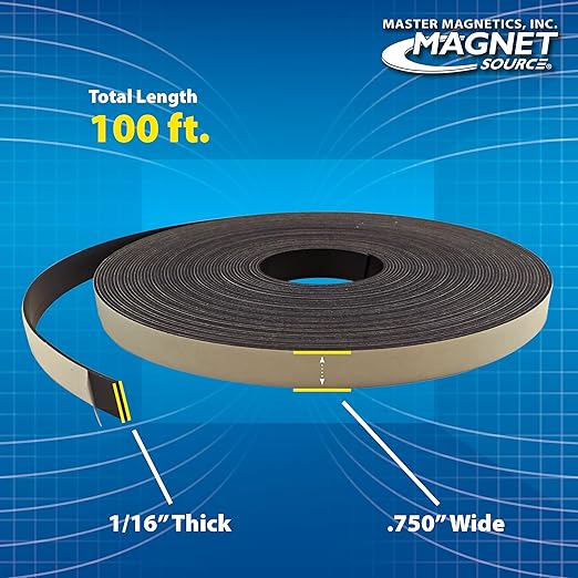 Master Magnetics Flexible Magnetic Tape - Magnet Strip with Strong Adhesive Backing for Walls, Boards, Signs, and More - 0.06" Thick - 0.75" W - 100 Ft - 1 Roll