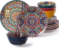 Domensi 12 Pieces Ceramic Dinnerware Sets Porcelain Plates and Bowls Set Service for 4 Ceramic Boho Dishes Tableware Bohemian Style Diningware Housewarming Wedding Gift