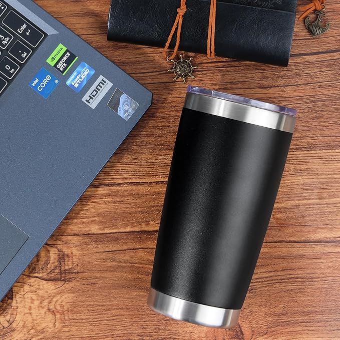 20oz Stainless Steel Tumbler Bulk with Lid, Travel Mug - Double Wall Vacuum Powder Coated Cup - Black, 6 Pack