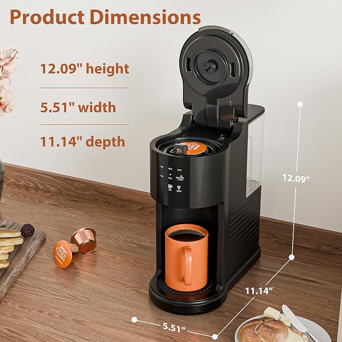 WAA Single Serve Coffee Maker, Fast Coffee Machine for Capsule & Ground Coffee, Coffee Brewer with Memory Function, 6 to 14 oz Brew Sizes, 40 oz Removable Water Tank for Home/Office/RV, Black