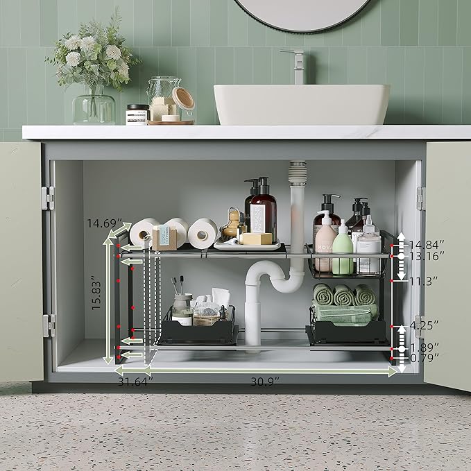 NETEL Under Sink Organizers and Storage,Kitchen Cabinet Organizer,2 Tier Under Sink Expandable Shelves，Bathroom Cabinet Organizer with Pull Out Drawers,(30.9-31.64)" W x 14.69" D x 15.83" H,Black