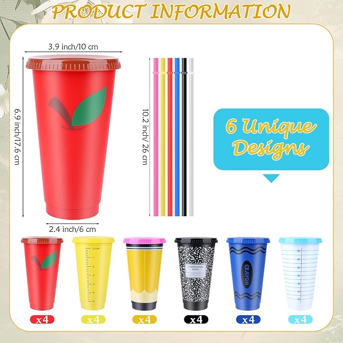 Kochorie 24 Pcs Teacher Appreciation Gifts Cups 24 Oz Reusable Tumblers | with Lids & Straws Back to School Thanks to Teacher Plastic Cups for Valentines Teachers Gifts Christmas Party Supplies