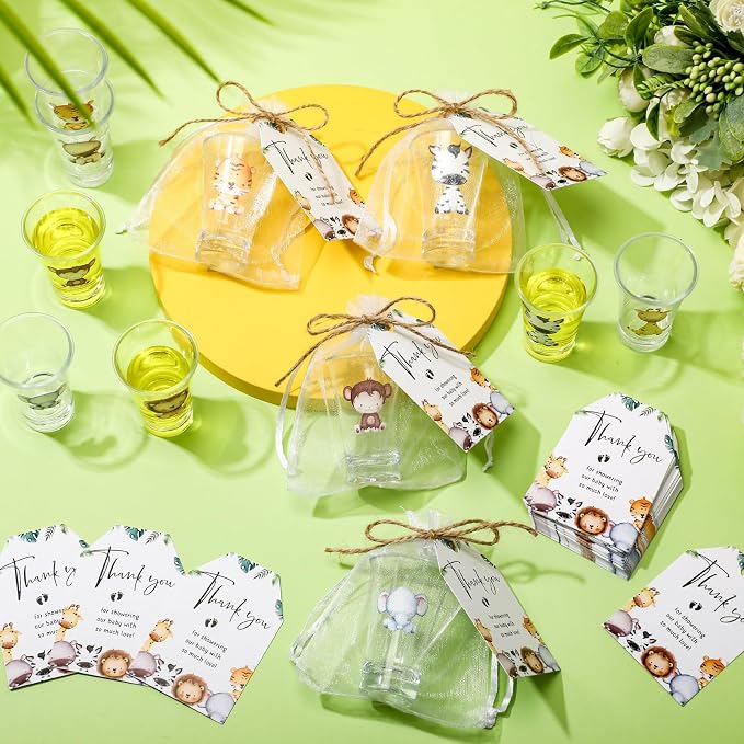 Pickmesh 25 Sets Safari Baby Shower Shot Glasses for Guests Include Animal Shot Glasses Thank You Cards Organza Bags for Jungle Woodland Gender Reveal Party Supplies