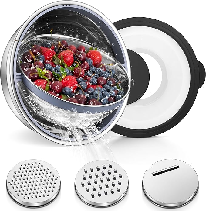 TeamFar 4-1 Colander with Bowl Set, Rotatable Colander for Kitchen, Stainless Steel Food Strainers and Colanders Mixing Bowl with Graters, for Veggies Fruits Washing, Pasta Straining - Black