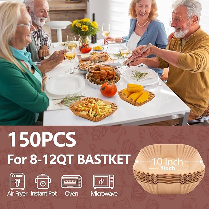 UBeesize XL 10 Inch Air Fryer Paper Liners,150 PCS Parchment Paper, Air Fryer Disposable Paper Liner for Microwave, Non-Stick Air Fryer Liners Square Free of Bleach （Bottom size 9 Inch）
