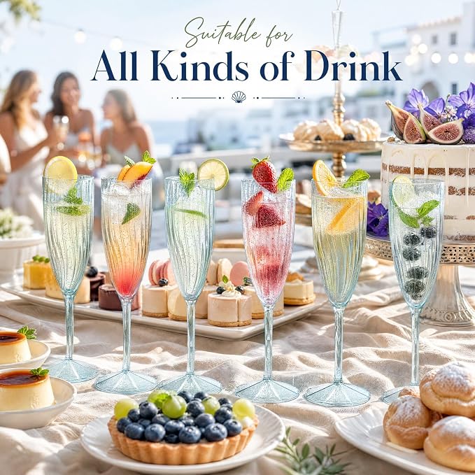 WDF 36PCS Blue Plastic Champagne Flutes - 6OZ Blue Glitter Champagne flutes - Party Supplies for Wedding/Birthday/Baby Shower/Housewarming/Pool party