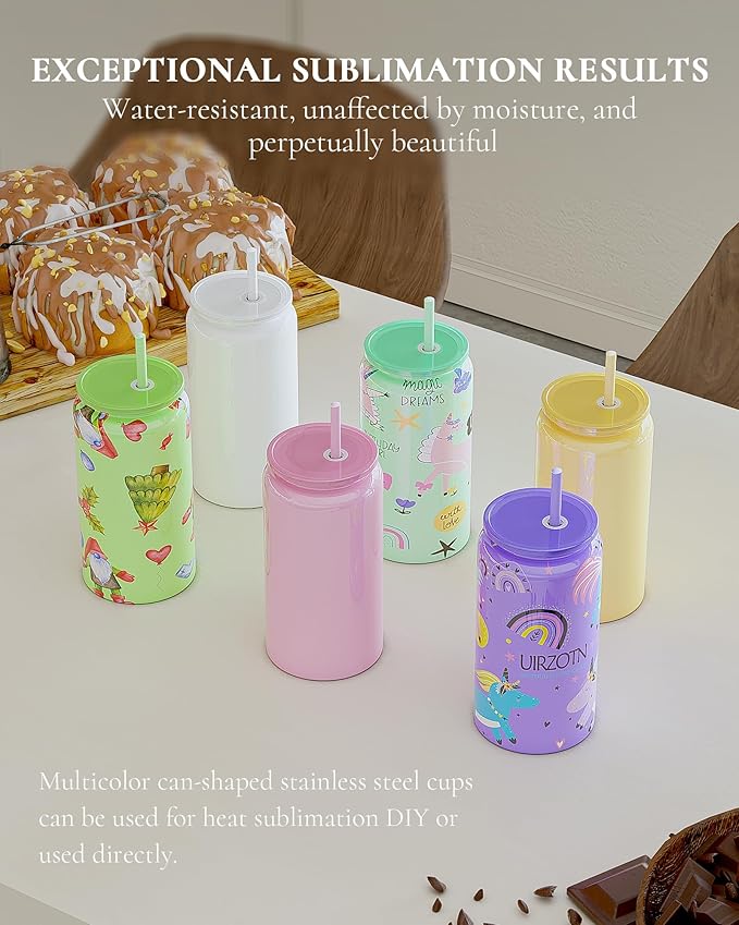 6Pack Glass Cups with Lids and Straws, 16oz Stainless Steels Cups, Beer Cup, Iced Coffee Cups, Smoothie Cup, Sublimation Tumbler (Shiny Polished Finish, Sublimatable)