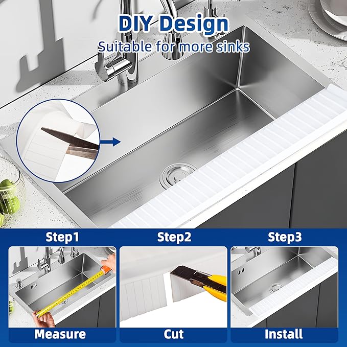 Silicone Sink Splash Guard & Edge Protector, 30 Inch Extra Long Kitchen Sink Splash Guard with Suction Cups, 5° Tilt Water Drip Back Design, DIY Cuttable Fits Any Size Single or Double Sink - White