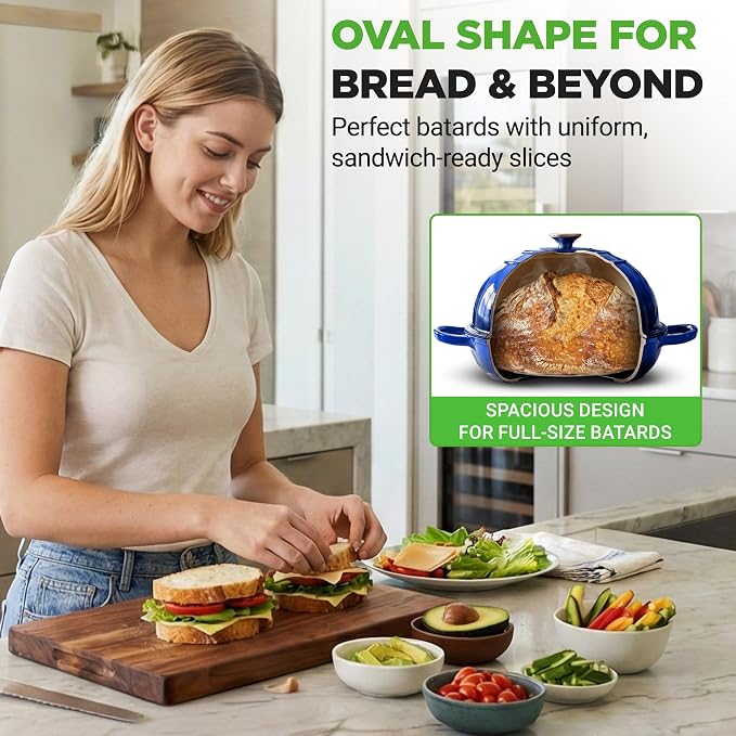 NutriChef 10.2" Enameled Cast Iron Bread Oven, Dome-Shaped Sourdough Baking Pan with Handles & Silicone Gloves, Oven-Safe to 500°F, Dishwasher Safe Dutch Oven Bread Pan (Blue)