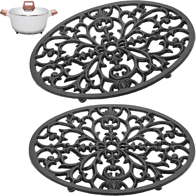 Sumnacon 2Pcs Oval Cast Iron Trivet - Antique Heat Resistant Metal Trivet for Hot Dish Pot Pan Teapot, Vintage Well Made Hot Plate Pad for Kitchen Dining Countertop Table