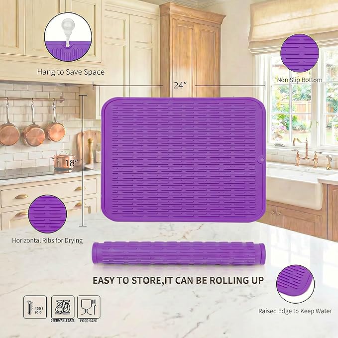 MicoYang Silicone Dish Drying Mat for Multiple Usage,Easy clean,Eco-friendly,Heat-resistant Silicone Mat for Kitchen Counter or Sink,Refrigerator or Drawer Liner Purple 2XL 24 inches x 18 inches