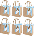 6 Pack Burlap Tote Bags with Handles Reusable Mini Jute Gift Bags with Blue Silk Ribbons Waterproof Lining for Wedding Bridesmaid Mother's Day Bachelorette Beach Party