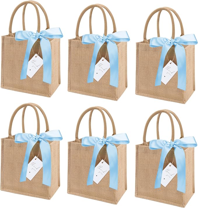 6 Pack Burlap Tote Bags with Handles Reusable Mini Jute Gift Bags with Blue Silk Ribbons Waterproof Lining for Wedding Bridesmaid Mother's Day Bachelorette Beach Party