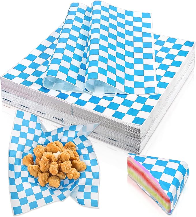 simarro 1000 Sheets Checkered Deli Paper Sheets, 12 x 12 Inch Grease Resistant Food Basket Liners Sandwich Paper Wraps for Restaurants Churches BBQs Picnic Party (Blue And White)