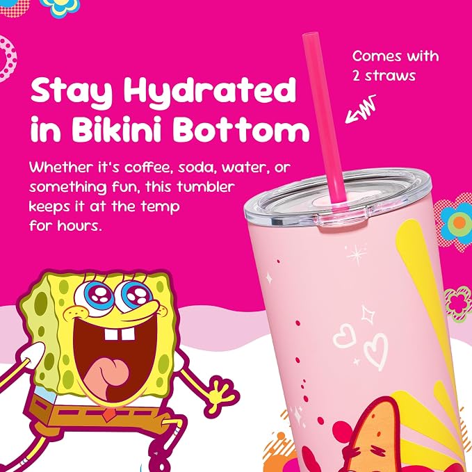 Dragon Glassware x SpongeBob SquarePants Tumbler with Straw, 24 oz - Pink | Vacuum Insulated Stainless Steel Tumbler with Straw & Lid; Double Walled Tumbler with Straw; SpongeBob SquarePants Cup