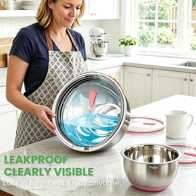 Mixing Bowls with Airtight Lids, Stainless Steel Nesting Bowl Set with Clear Lids & Valve, 3 Essential Sizes (1.5/3/5 QT), Measurement Marks, Non-Slip Silicone Base, Food Prep & Fridge Storage, Pink