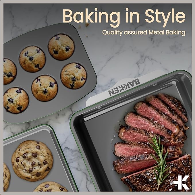 Bakken 8-Piece Ceramic Coated Bakeware Sets, Nonstick Aluminized Steel Pans with Muffin, Loaf, Cake, Roasting Pan, & Cooling Rack, Oven Safe Up To 500°F, Dishwasher Safe, BPA, PTFE & PFAS Free, Green