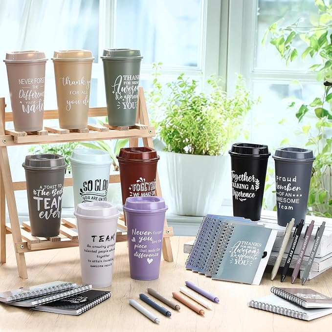 Teenyyou 90 Pcs Employee Appreciation Gift Set, 16oz Tumbler with Lid Notebook Pen Bulk Thank You Gift Holiday Party Favor for Teachers Office Coworker Teacher Staff Team (Dark Color,Elegant Style)