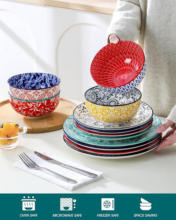 vancasso SELENE Plates and Bowls Set for 4, 12 Pieces Dinnerware Sets, Mircowave and Dishwasher Safe Dishes Set, Porcelain Muted Dinnerware