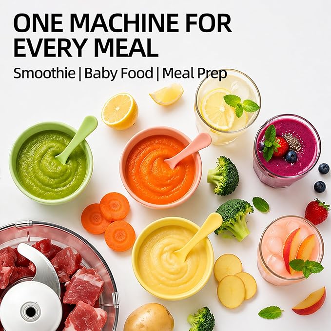 Blender and Food Processor Combo, Small Smoothie Blender with Grinder & Meat Chopper, 4-in-1 Kitchen System with 4 BPA-Free Cups (10-42oz), Perfect for Shakes, Baby Food, Dishwasher Safe, Ideal Gift