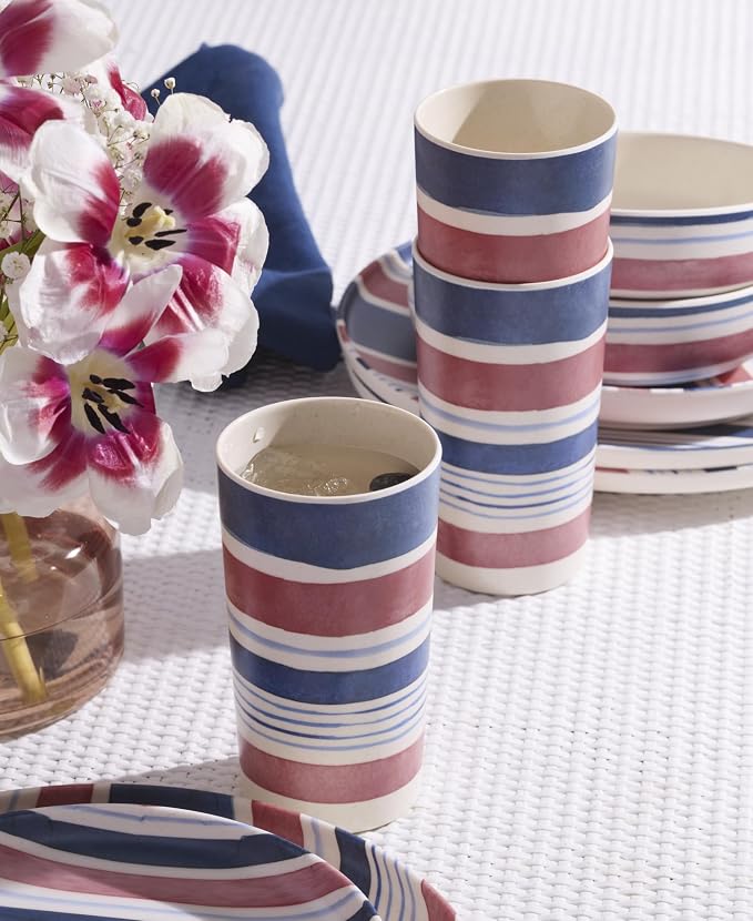 Oneida 24 Seven Melamine Collection, Dishwasher Safe Melamine Dinnerware and Drinkware, Stripe Pattern, Tumbler Set, 16 oz, 4-Piece