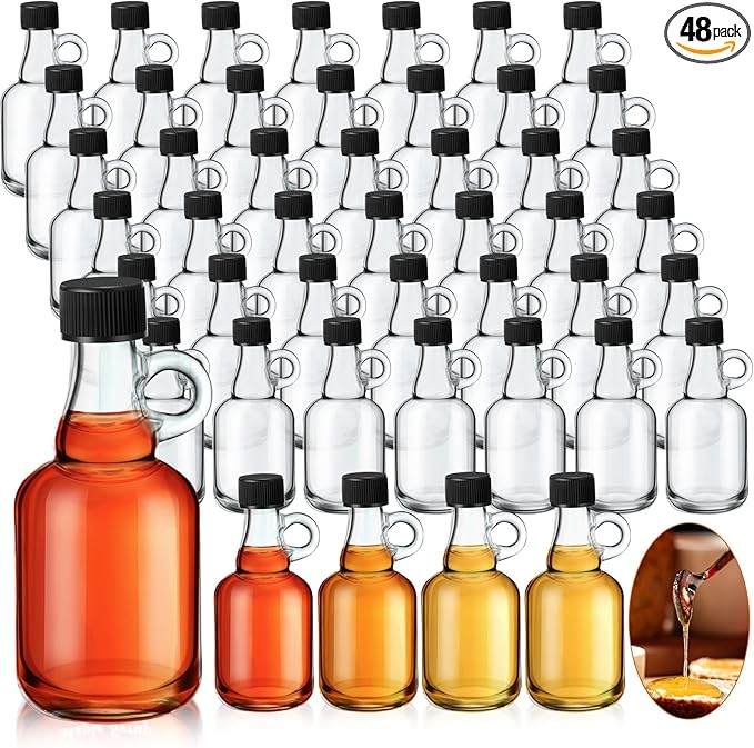 Blushtier 48 Packs 3.4 oz Glass Syrup Bottles with Handle and Black Lids, Mini Maple Syrup Bottles for Party & Wedding Favors Gifts, Honey, Coffee, Juice