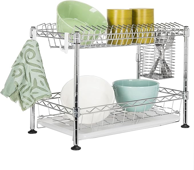 Eyely HSD1002A Brook 24" Adjustable 2-Tier Carbon Steel Rust-Proof Dish Drying Rack with Removable Tray, Removable Utensil Holder, and a Cutlery Holder, Durable and Easy Assembly, Chrome