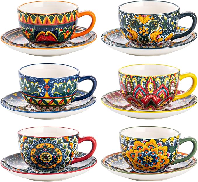 Henten Home Ceramic 8.5 oz Tea Cup Set, Latte Cup with Saucers Set of 6, Boho Style Cup for Cappuccino, Coffee, Hot Cocoa, Espresso, Microwave & Dishwasher Safe