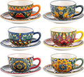Henten Home Ceramic 8.5 oz Tea Cup Set, Latte Cup with Saucers Set of 6, Boho Style Cup for Cappuccino, Coffee, Hot Cocoa, Espresso, Microwave & Dishwasher Safe