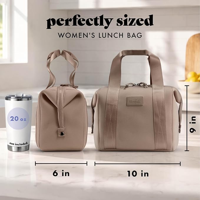 Fit & Fresh Remi Lunch Bag for Women Work – Neoprene Lunch Tote with Containers & Ice Pack, Reusable Meal Prep Lunch Box, Large Capacity, Machine Washable, Taupe