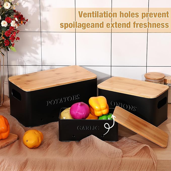Honeydak 3 PCS Black Potato Onion Garlic Storage Bins Set, Metal Vegetable Keeper Containers with Lids Aerating Holes for Kitchen Counter Pantry Keep Fresh Longer Farmhouse for Sweet-potato Fruit