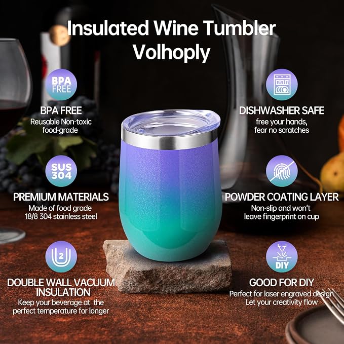 Volhoply 12oz Stainless Steel Wine Tumbler with Lid and Straw,Double Wall Vacuum Insulated Stemless Wine Glasses,Reusable Travel Coffe Mug for Cold Drinks,Tumblers Gifts for Women（Purple Green,1 Set）
