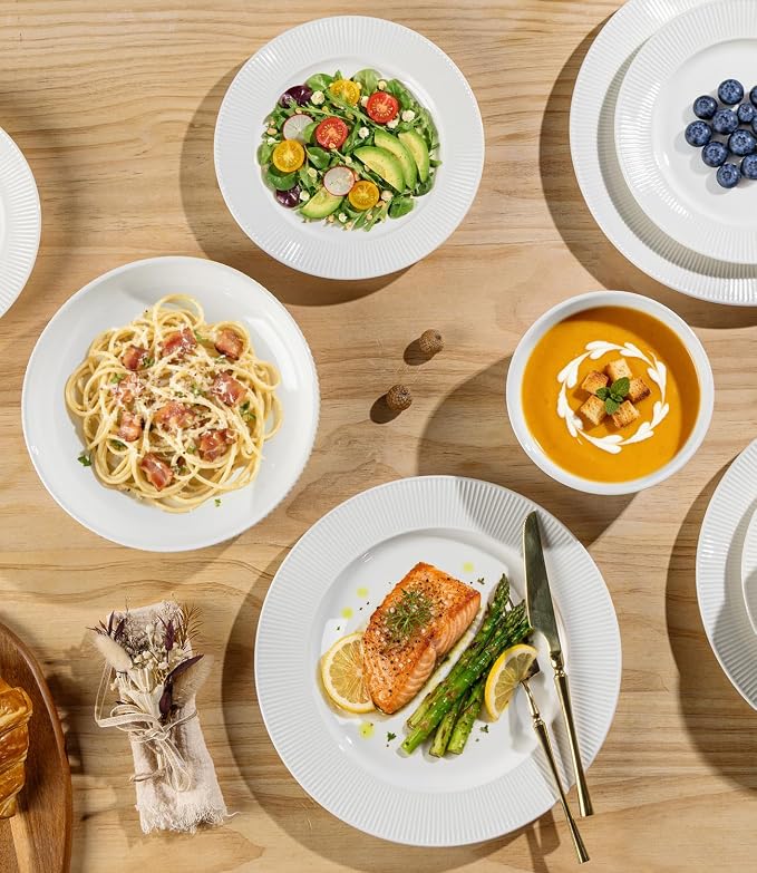 TheTerra Stoneware Dinnerware Sets for 4, 12 Pieces Ceramic Plates and Bowls Sets, Scratch Resistant Embossed Dish Set, Oven, Microwave & Dishwasher Safe, Bright White