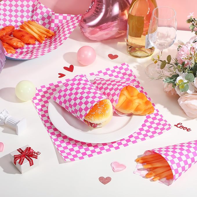 Spakon 1000 Sheets Wax Deli Paper Sheets for Food 12 x 12 Inch Checkered Dry Waxed Deli Basket Liners for Sandwich Wrapping, Food Basket Liners, Picnic party(Hot Pink-white)