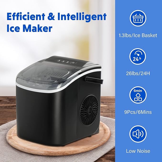 YSSOA Portable Ice Maker for Countertop, 9 Ice Cubes Ready in 6 Mins, 26lbs Ice/24Hrs, with Self-Cleaning Feature, Ice Spoon and Basket, for Home Kitchen Office Camper RV, Black